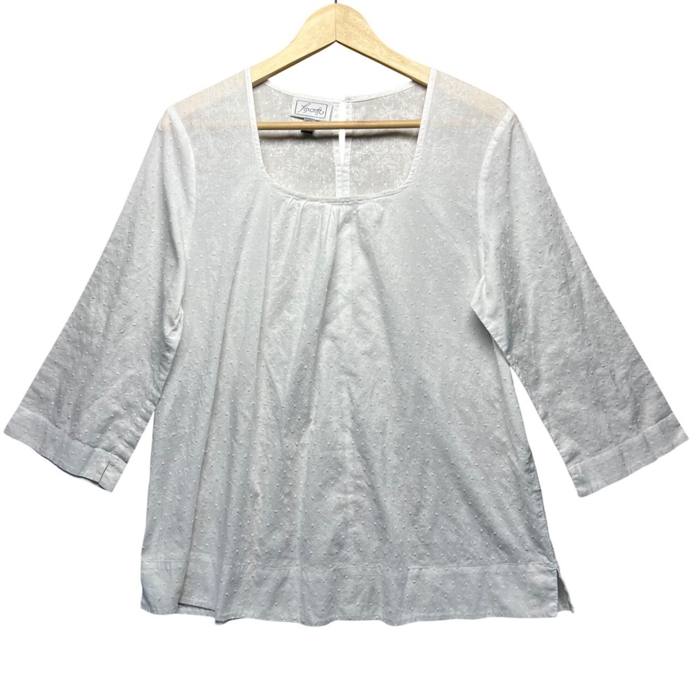 Foxcroft White Swiss Dot Embroidered Square Neck‎ 3/4 Sleeve Blouse Cottage 10